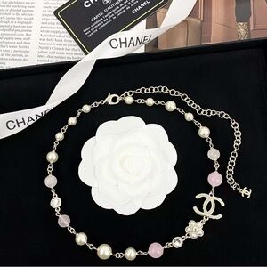 CHANEL Pearl and Pink Bead Necklace with Silver Accents
